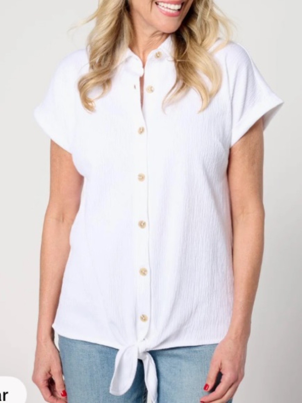 Belle by Kim Gravel White Short-Sleeve Button Front Tie-Hem Top